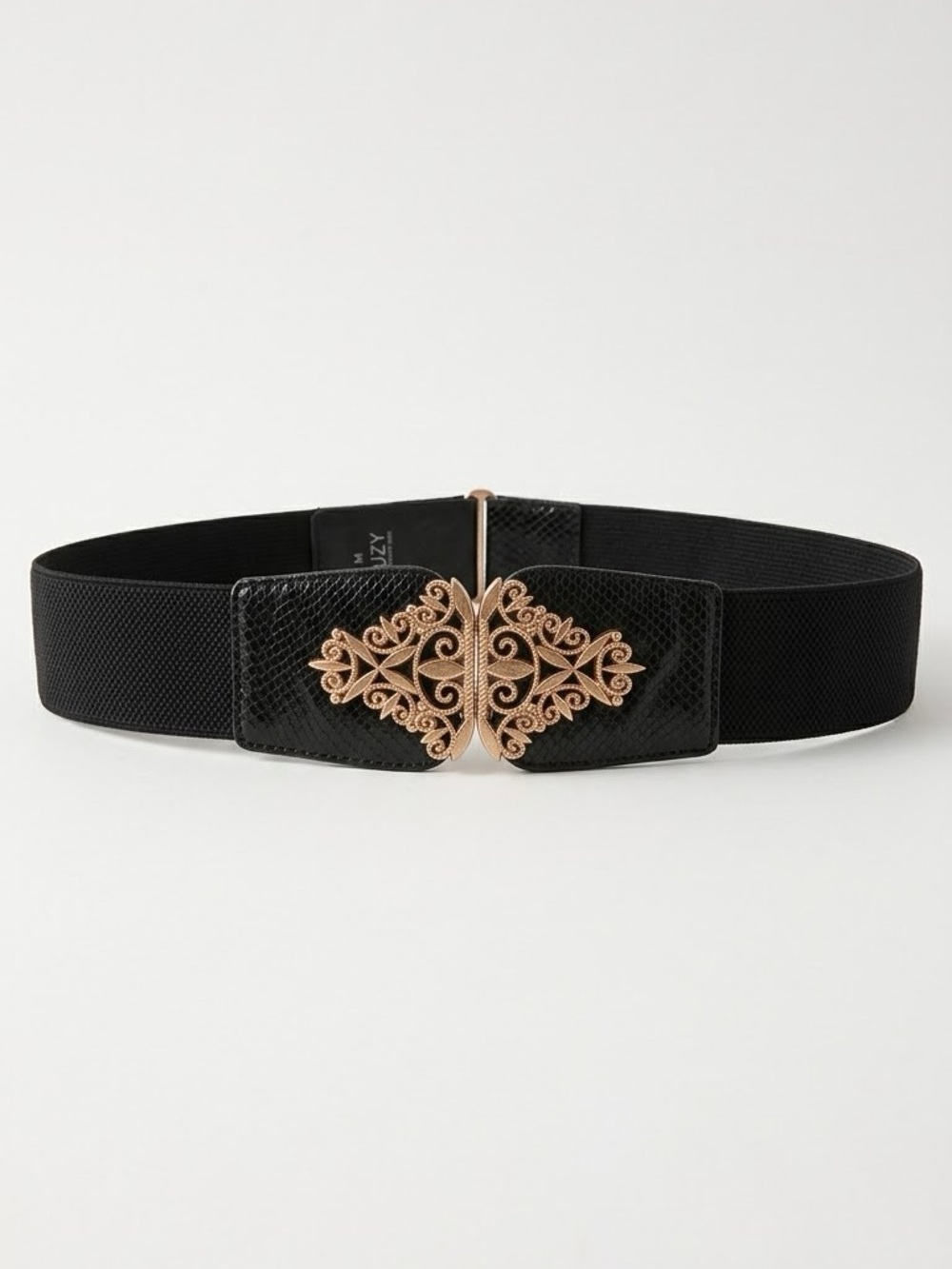 Suzy Shier Black Elastic Cinch Waist Belt Gold Filigree Buckle Small Stretch